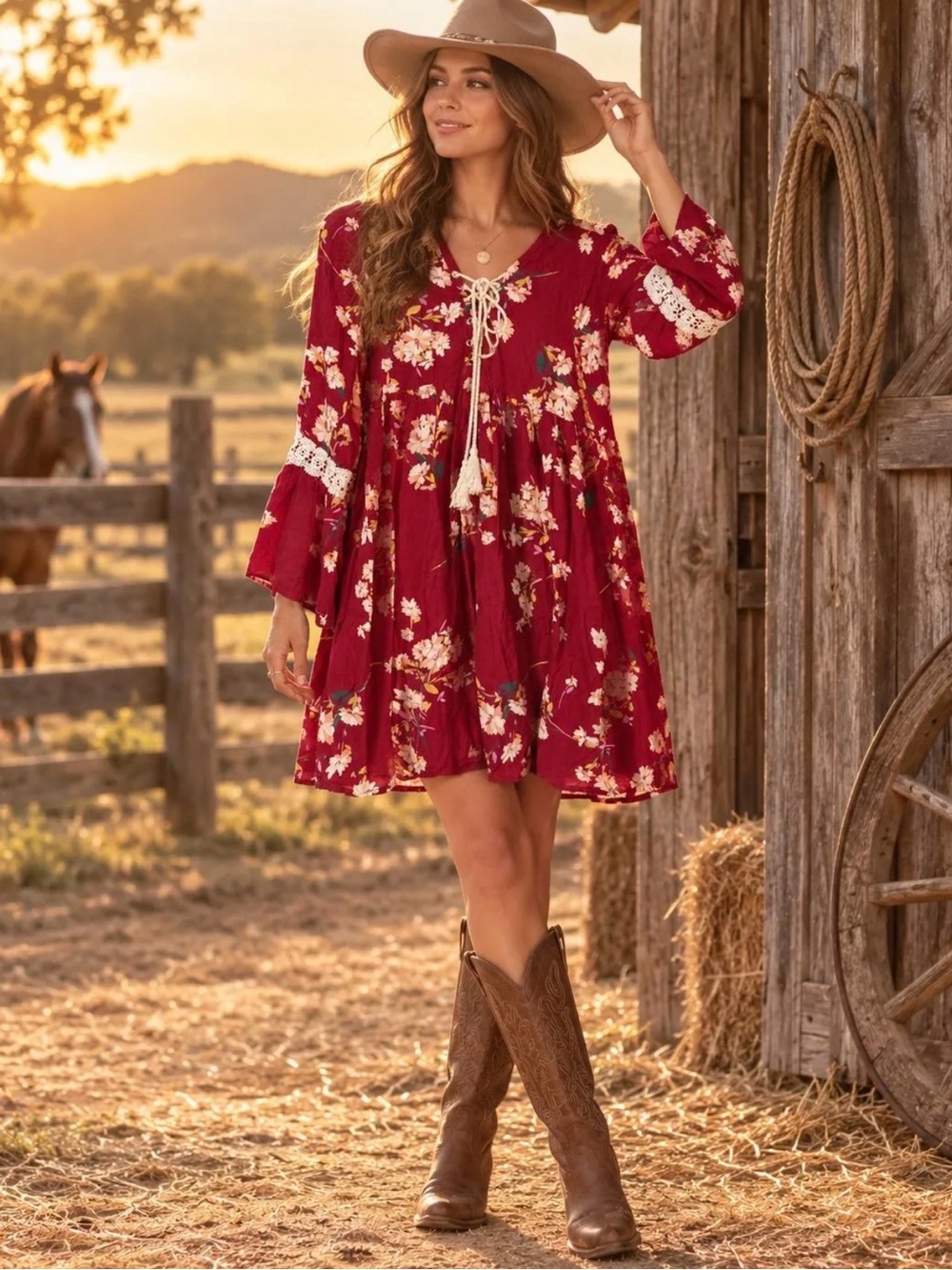 Entro Burgundy Floral Boho Western Crochet Tassel Mini Dress S